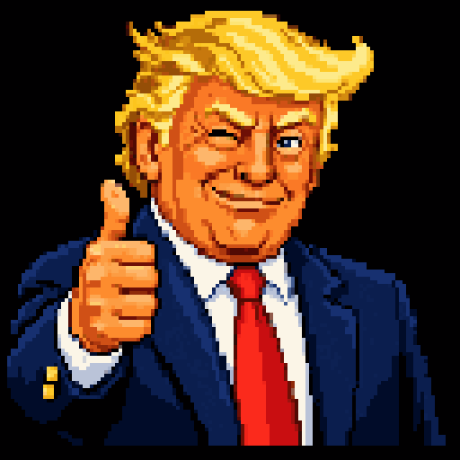 Pixel-art caricature of Donald Trump winking and giving a thumbs up